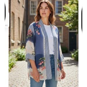 Multiples Womens Blue Floral Kimono Open Front Cardigan PM Petite Medium Mixed